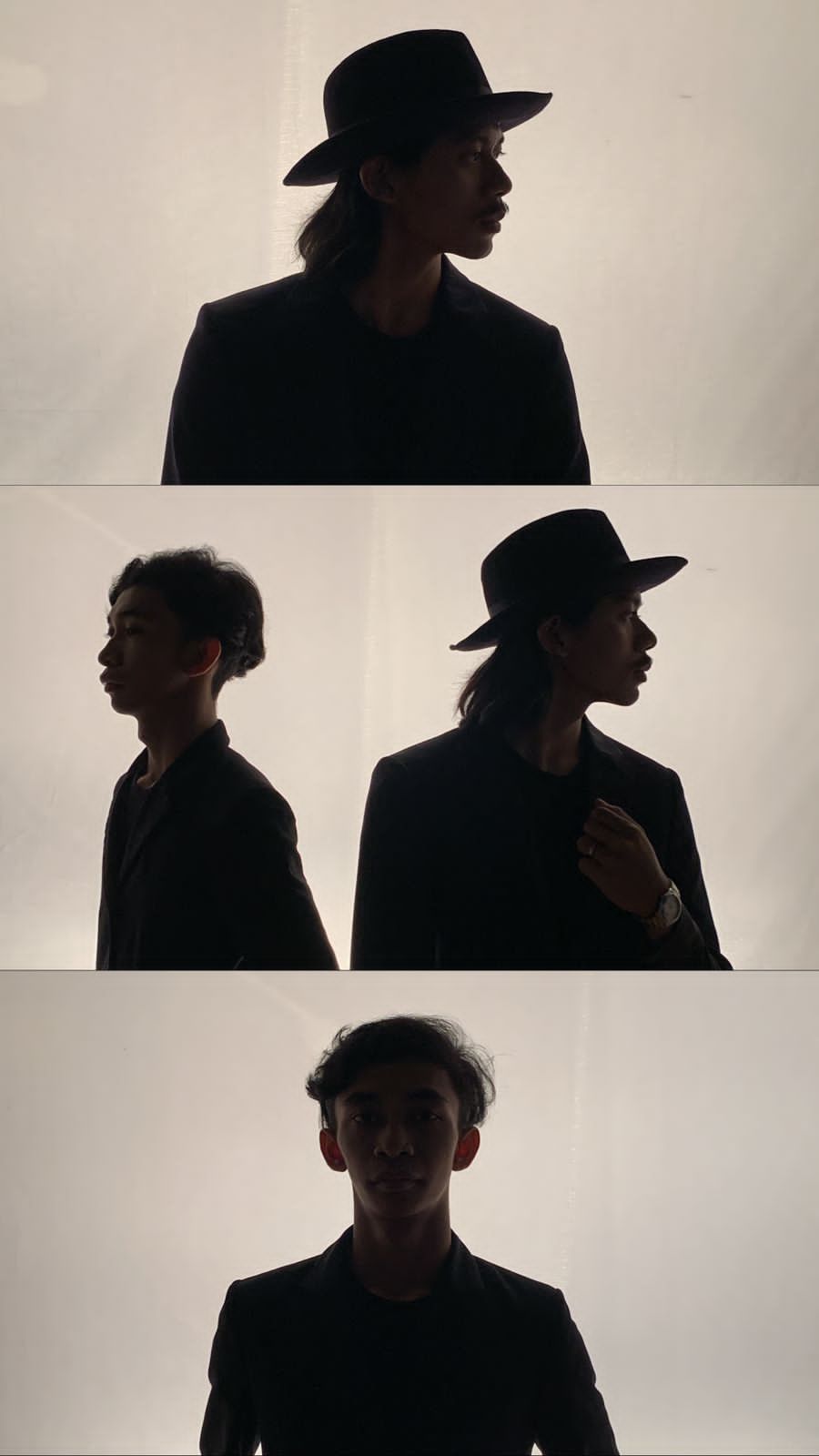Enharmony, three frames of the duo in black hats